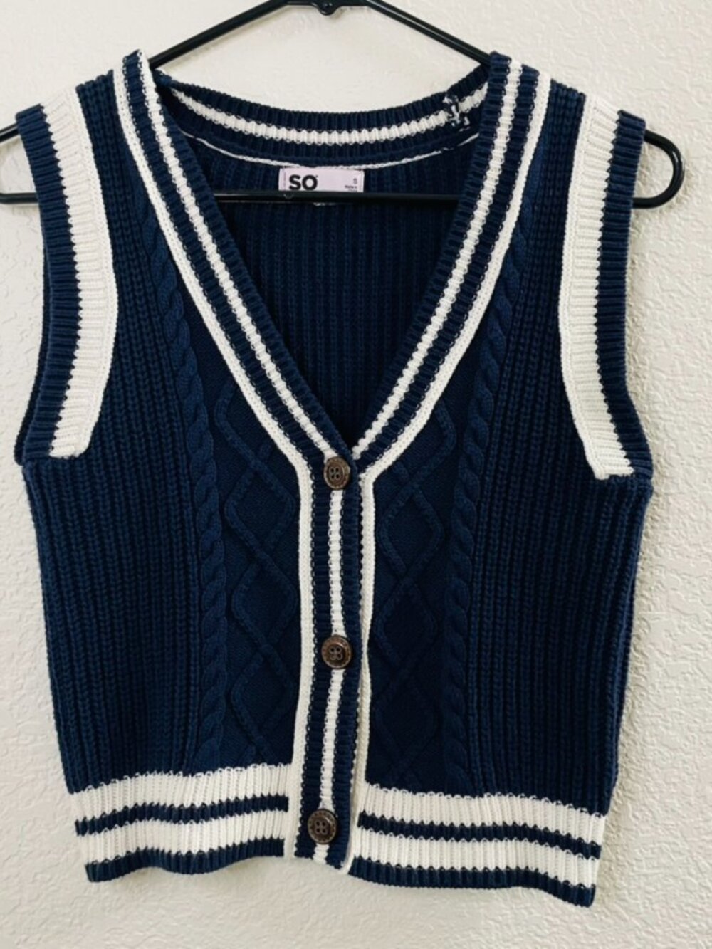SO® Blue and White Cableknit Button Up Sweater Vest | Small - Picture 2 of 7